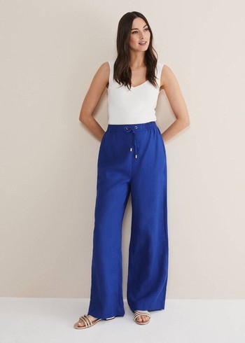 Phase Eight Lolita Blue Linen Wide Legs Trousers Deep Blue Canada | PZQWYC-875